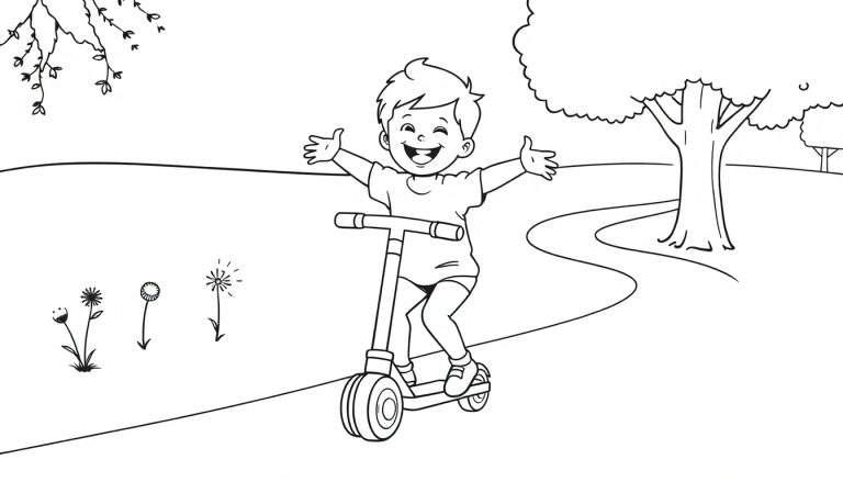 Niño sonriente en patinete listo para colorear en la placa.