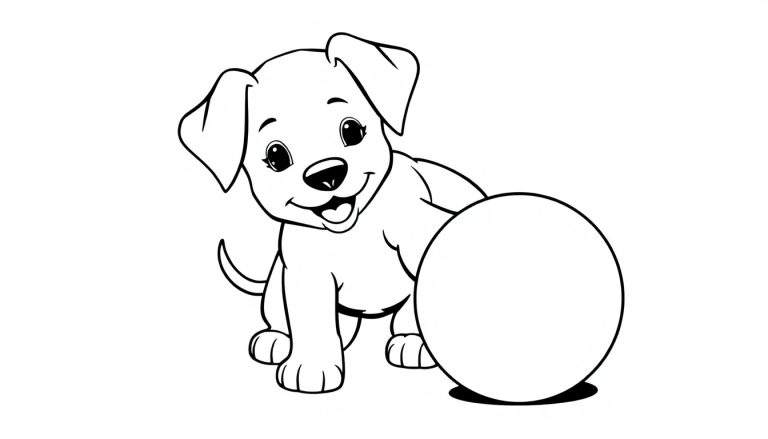 Una placa para colorear con un cachorro juguetón y una pelota.
