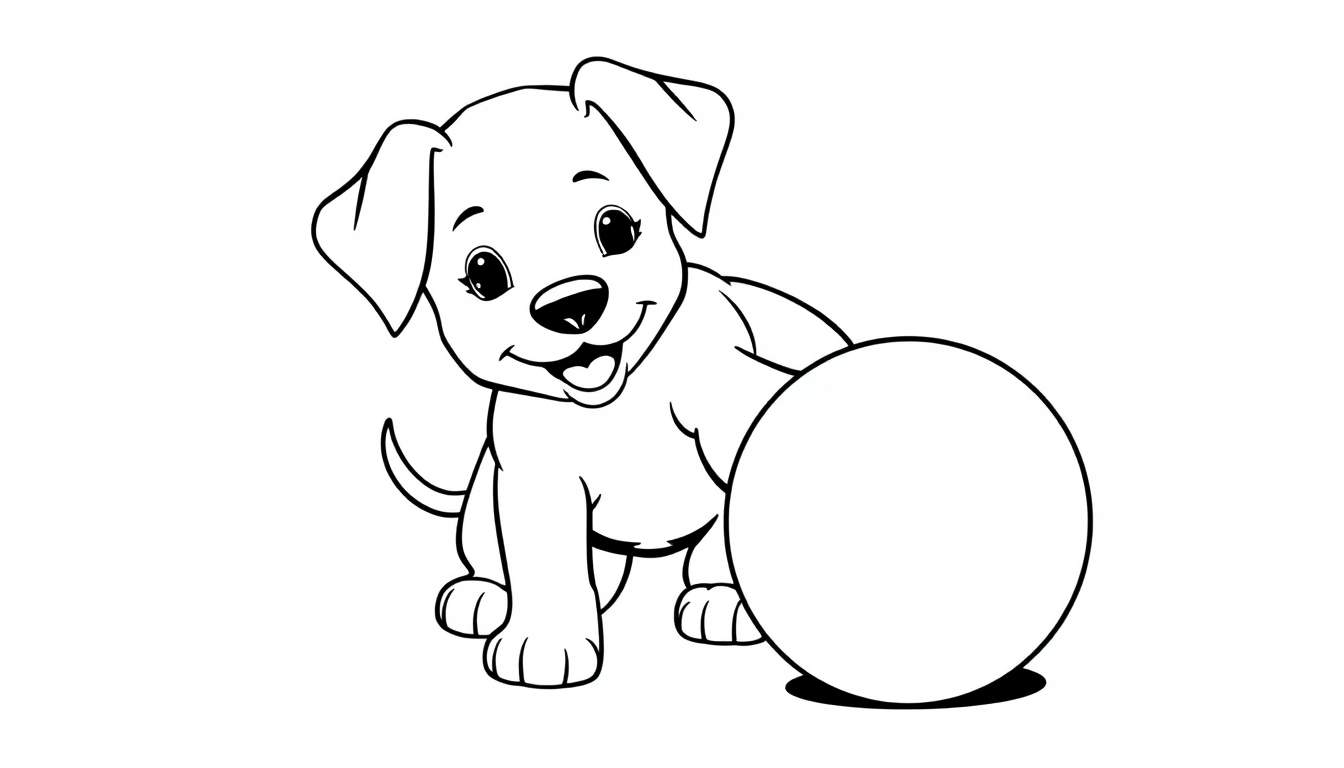 Una placa para colorear con un cachorro juguetón y una pelota.