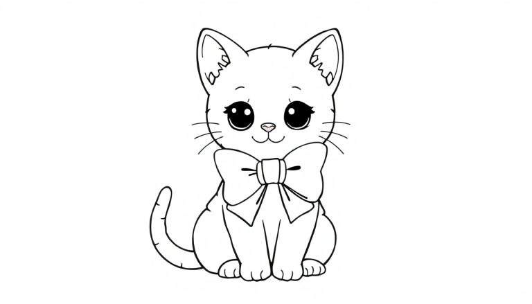 Un dibujo lineal de un gatito kawaii sentado con un lazo grande alrededor del cuello, listo para colorear en la placa.