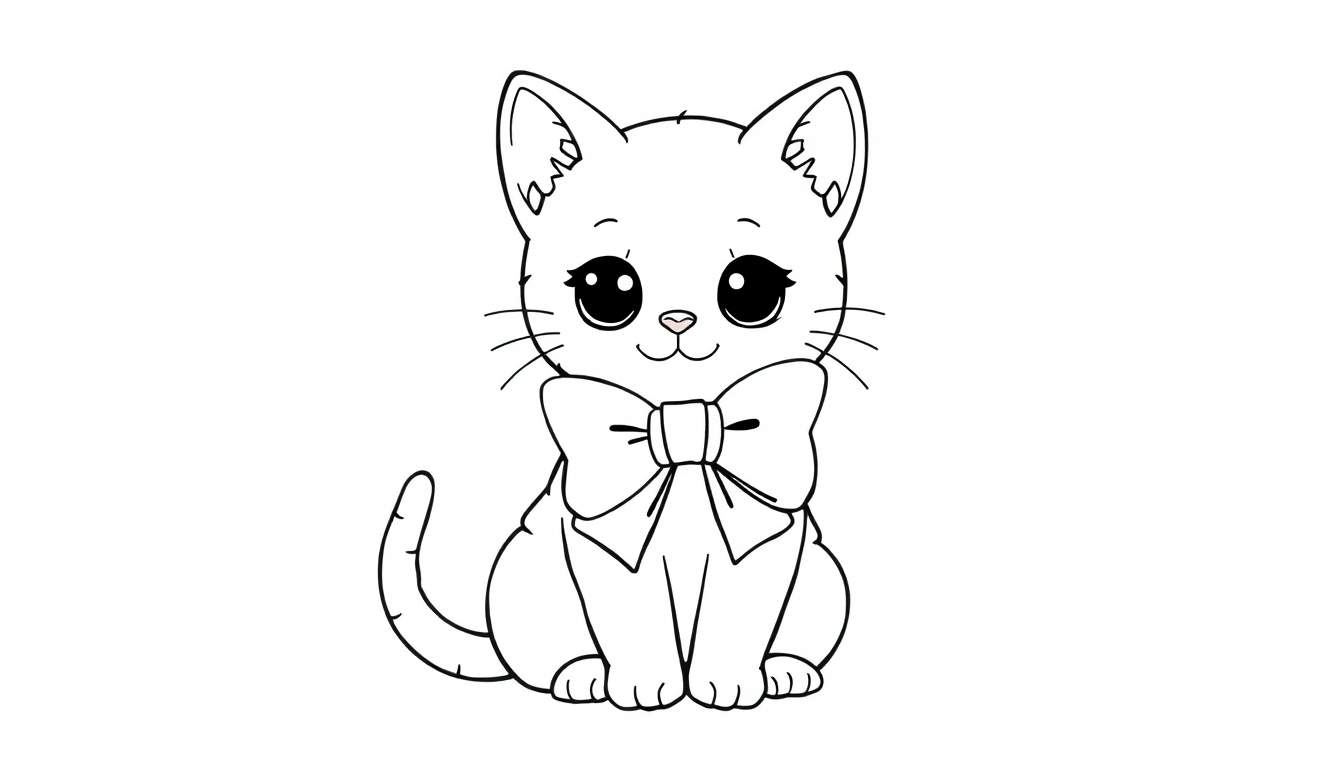 Un dibujo lineal de un gatito kawaii sentado con un lazo grande alrededor del cuello, listo para colorear en la placa.