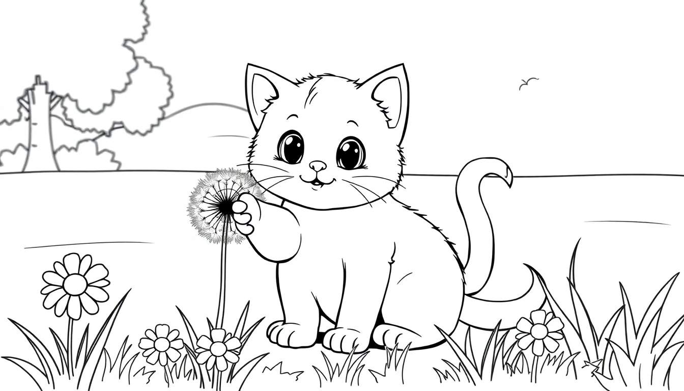 Un gatito dibujado a mano sosteniendo un diente de león, listo para ser coloreado.