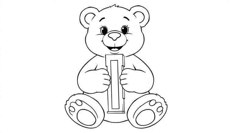 Oso de peluche sosteniendo la letra 'I' en una placa para colorear.