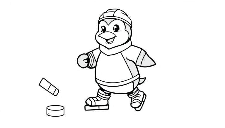 Placa de color de un pingüino jugando al hockey con un palo y un puck.