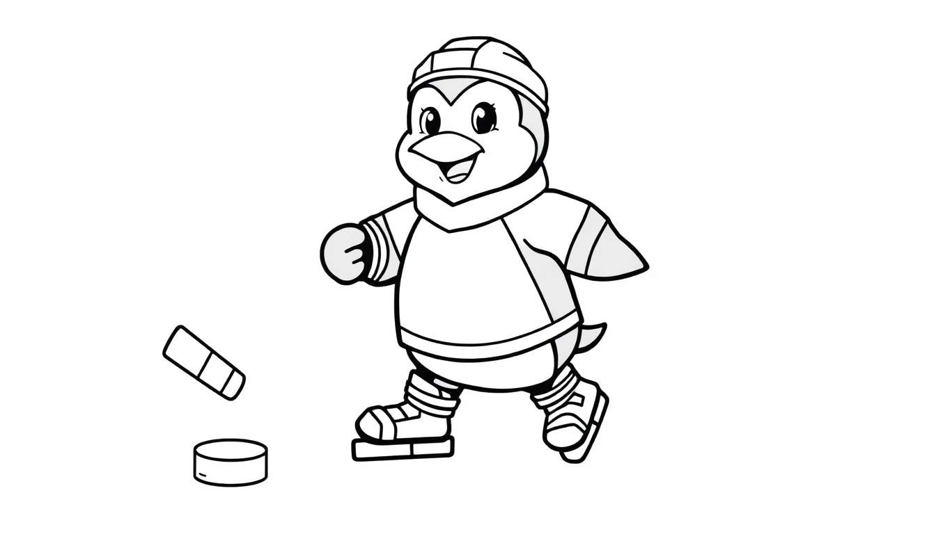 Placa de color de un pingüino jugando al hockey con un palo y un puck.