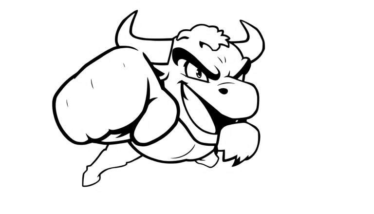 Un toro de dibujos animados con guantes de boxeo, listo para pelear, con una sonrisa desafiante, en una placa para colorear.