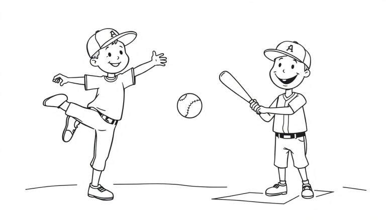 Placa para colorear de béisbol: un niño lanza una pelota mientras otro se prepara para batear, ambos con gorras de béisbol.