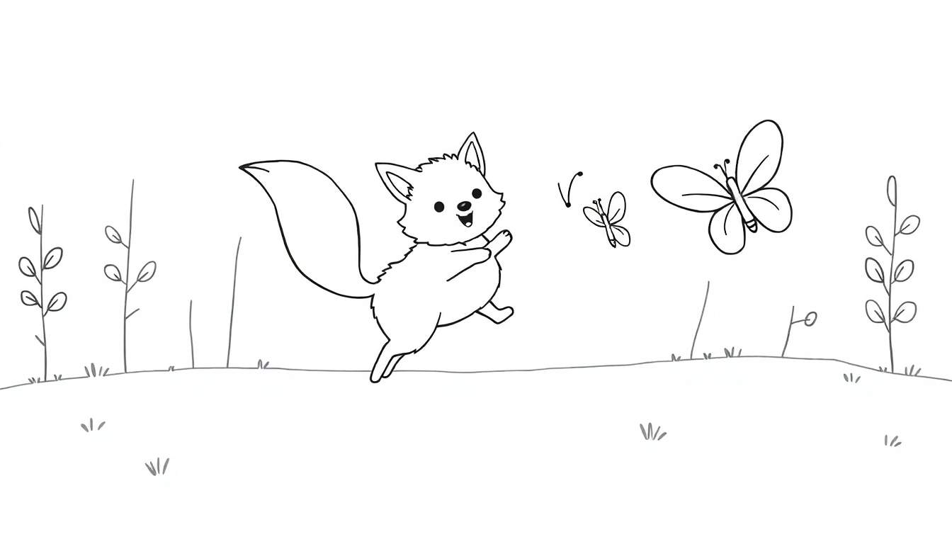 Una placa para colorear de un zorro feliz persiguiendo mariposas en un campo.
