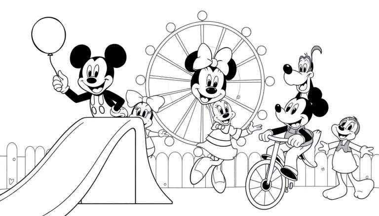 Página para colorear en blanco y negro de Mickey Mouse y sus amigos en un parque temático con una noria.