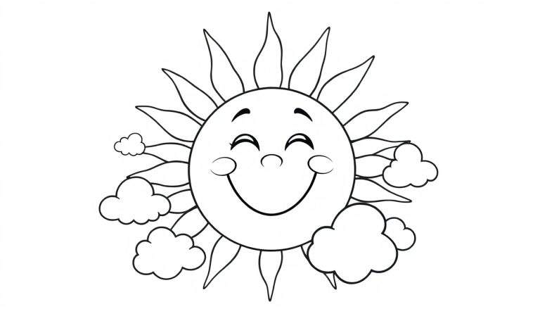 Placa para colorear de un sol sonriente rodeado de nubes.