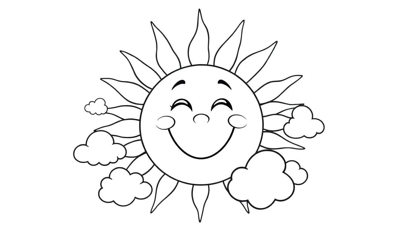 Placa para colorear de un sol sonriente rodeado de nubes.