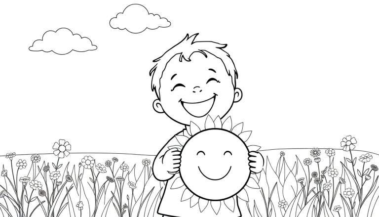 Una placa para colorear en blanco y negro de un niño riendo en un campo soleado.