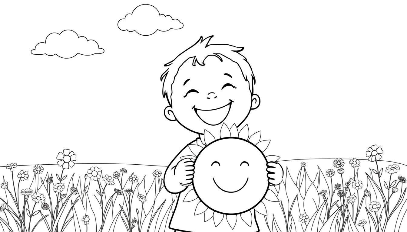 Una placa para colorear en blanco y negro de un niño riendo en un campo soleado.