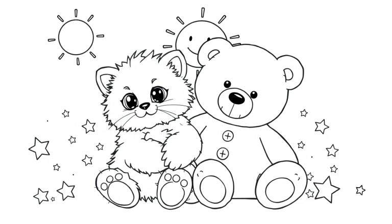 Placa para colorear de un gatito y un oso de peluche con estrellas y un sol.