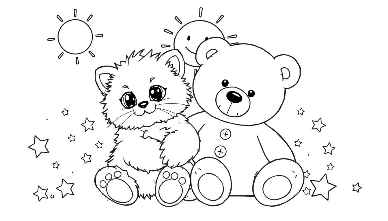 Placa para colorear de un gatito y un oso de peluche con estrellas y un sol.