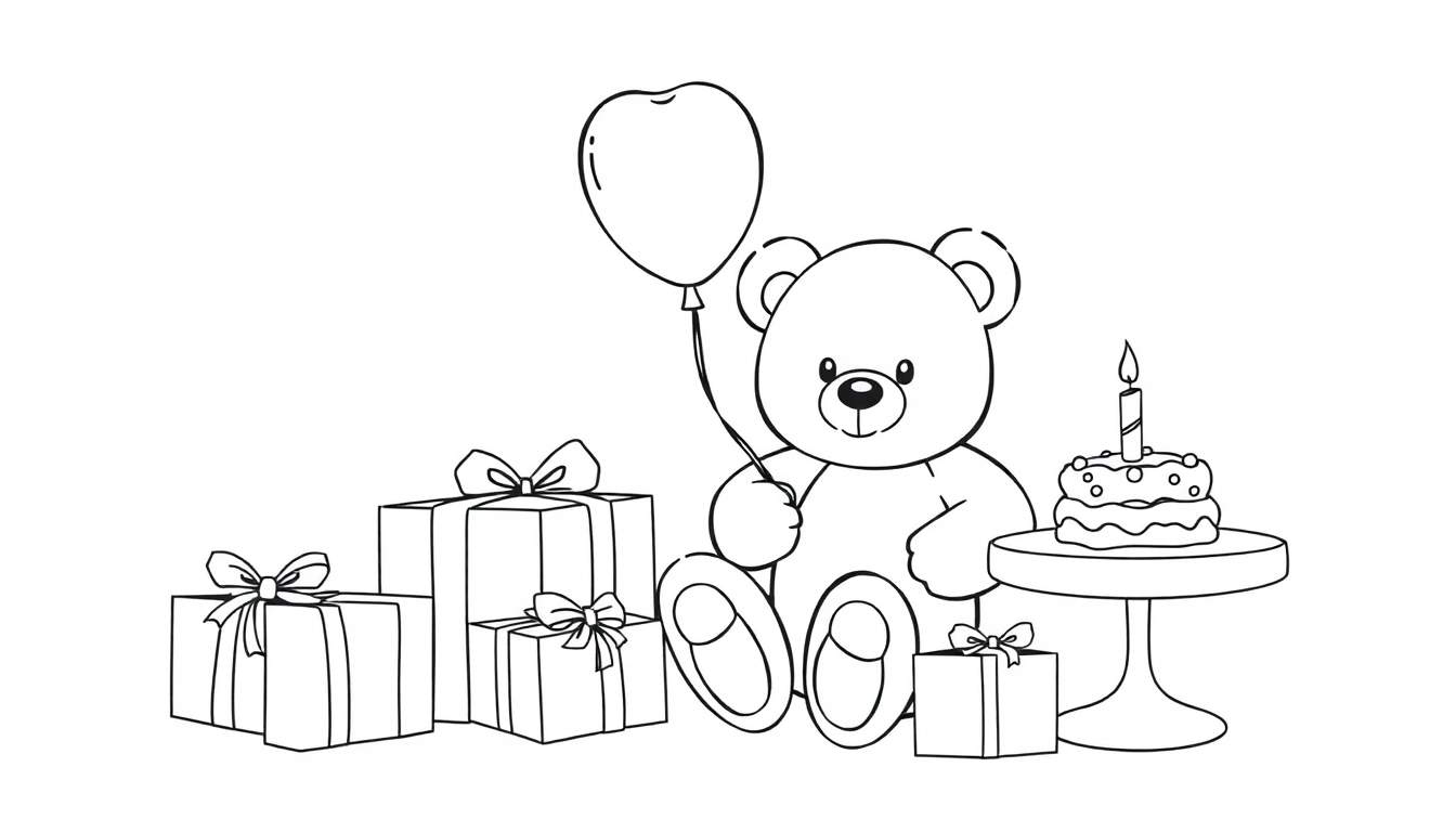 Una placa para colorear con un oso de peluche festivo.