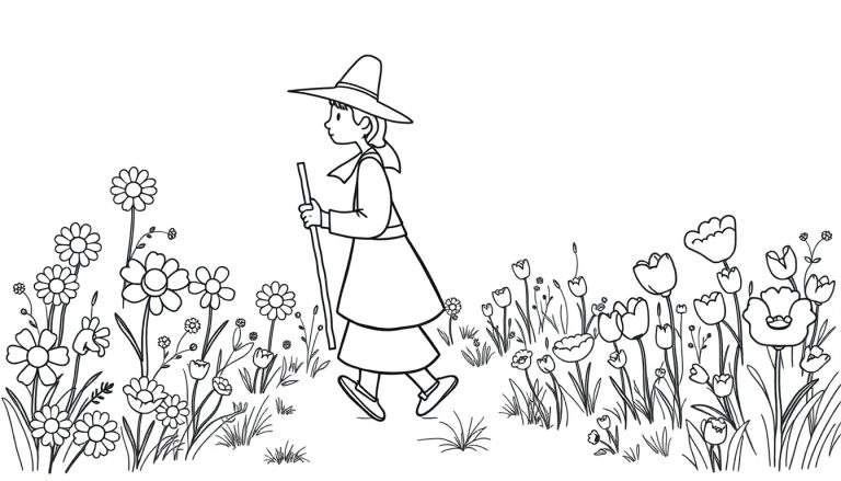 Una página para colorear de un peregrino sonriente con un sombrero, caminando por un campo de flores de margarita y tulipán.