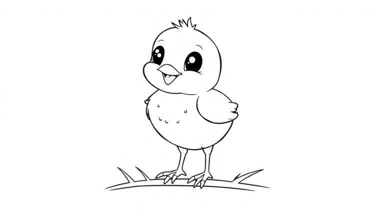 Pollito bebé para colorear en una rama, con espacio para añadirle color.