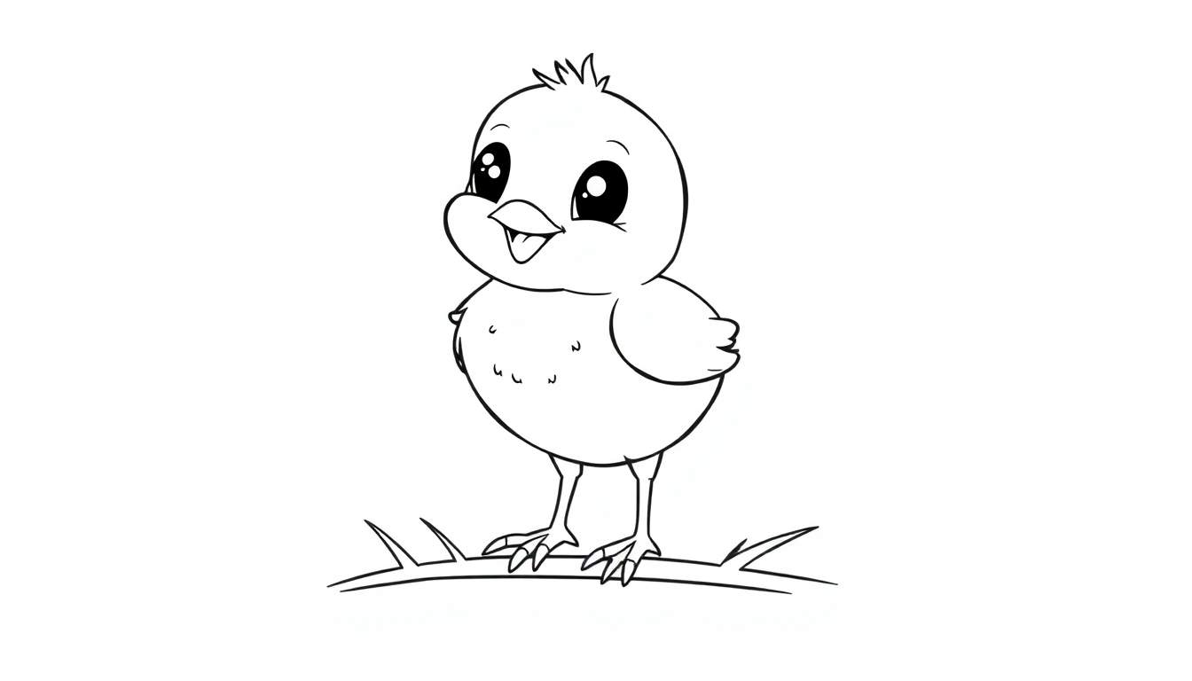 Pollito bebé para colorear en una rama, con espacio para añadirle color.