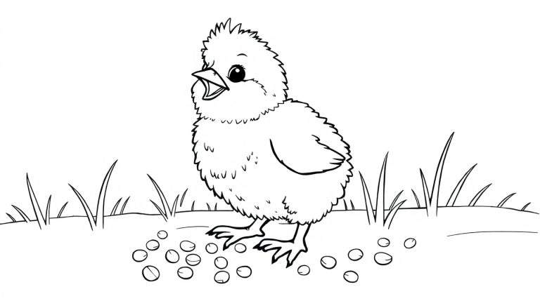 Un pollito juguetón picoteando semillas en un campo soleado, página para colorear en blanco y negro.