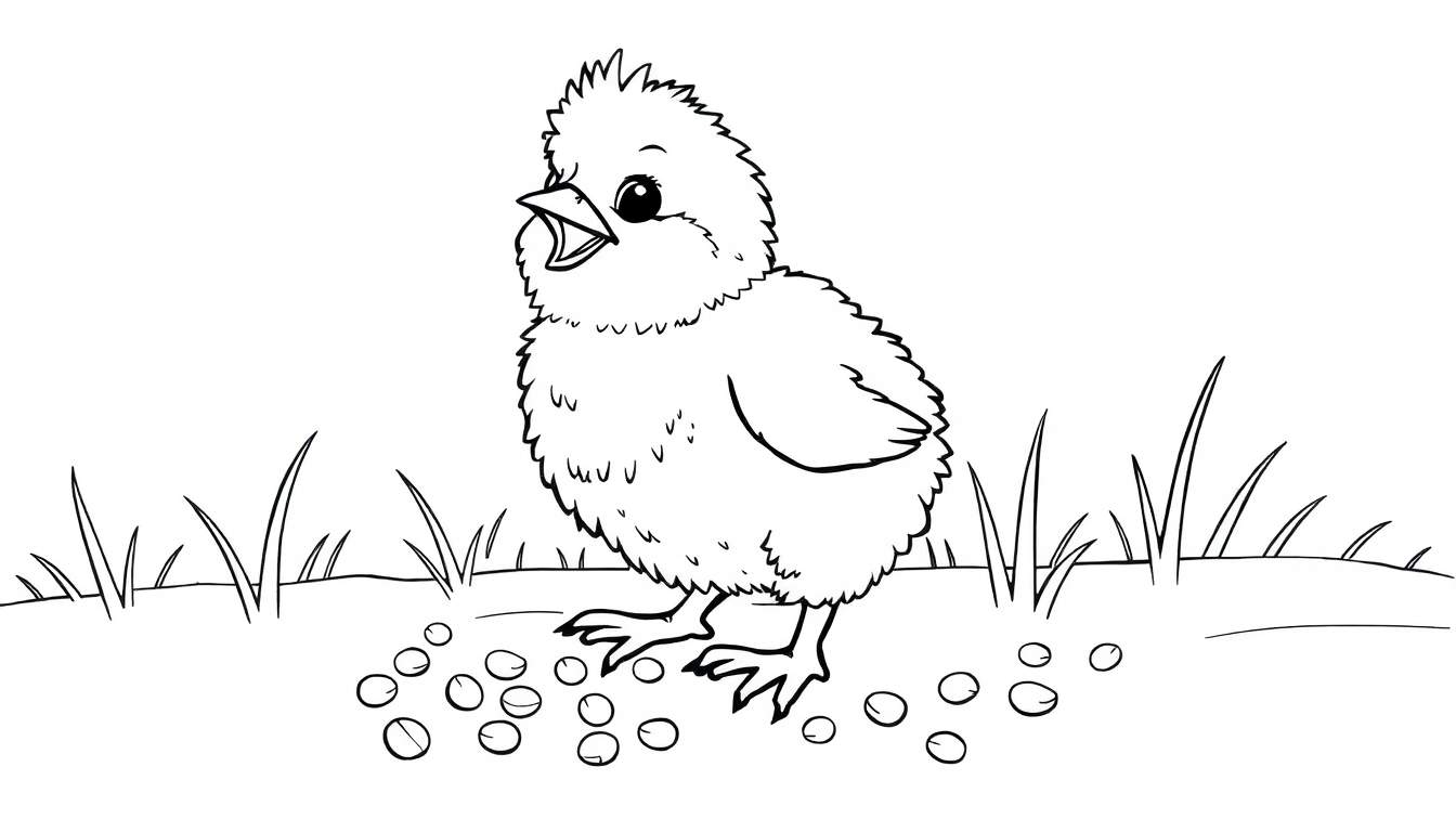 Un pollito juguetón picoteando semillas en un campo soleado, página para colorear en blanco y negro.