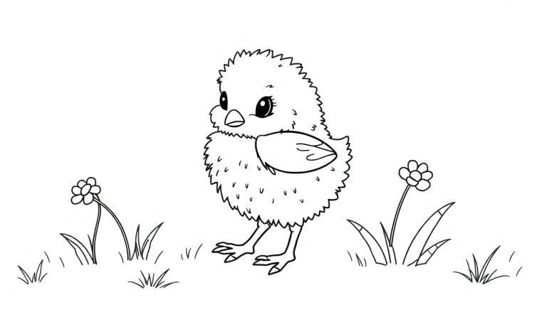 Un pollito esponjoso sobre una placa de color, rodeado de flores y hierba, listo para ser coloreado.