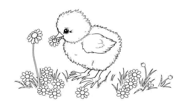 Un pollito esponjoso sosteniendo una flor, listo para la placa de color.