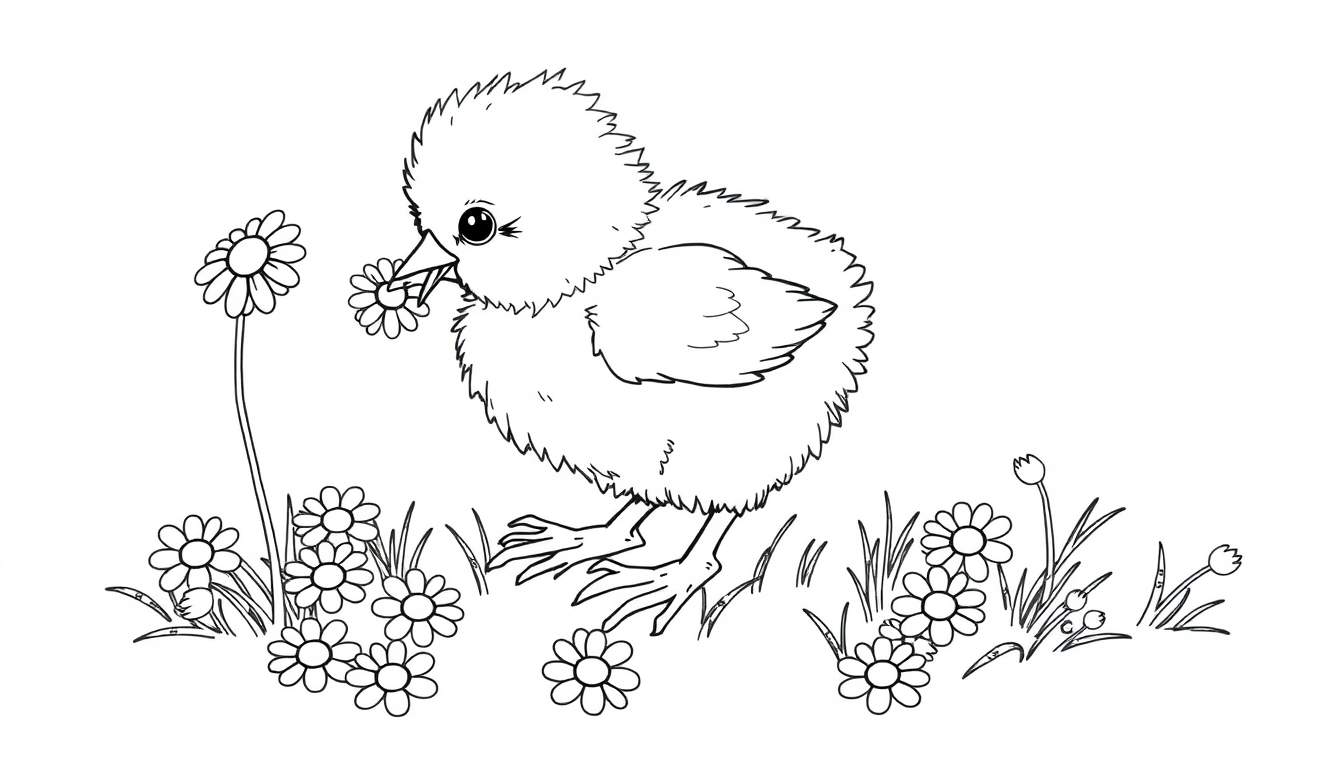 Un pollito esponjoso sosteniendo una flor, listo para la placa de color.