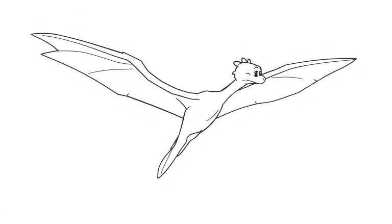 Un dibujo lineal de un Pteranodón amigable volando, listo para colorear, con un cielo despejado. Esta placa de color está esperando tus crayones.