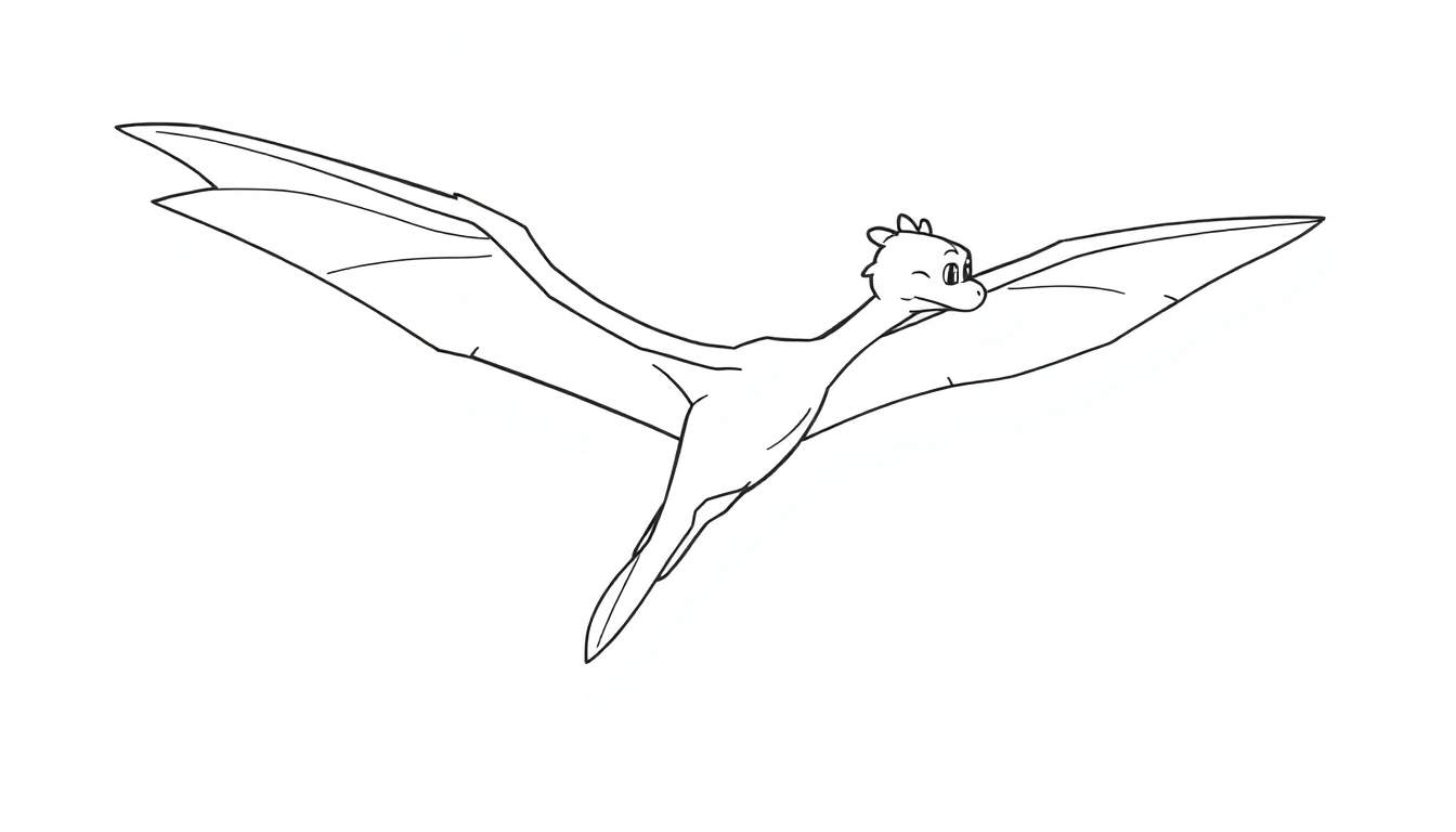 Un dibujo lineal de un Pteranodón amigable volando, listo para colorear, con un cielo despejado. Esta placa de color está esperando tus crayones.