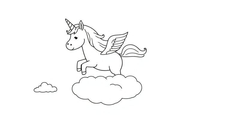 Página de colorear de un unicornio alado en una nube.