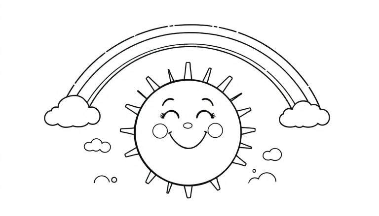 Placa de color de un sol sonriente bajo un arcoíris con nubes.