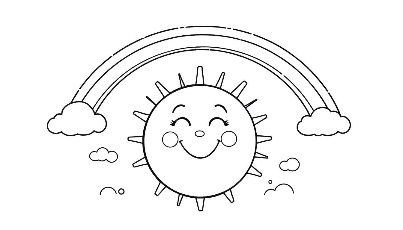 Placa de color de un sol sonriente bajo un arcoíris con nubes.