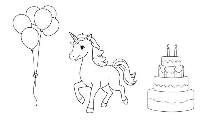 Página para colorear de un unicornio celebrando con globos y pastel, listo para ser pintado.