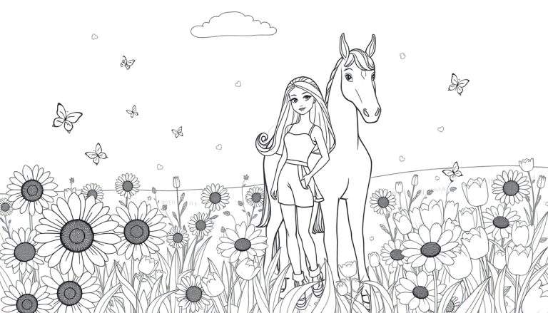 Página para colorear de una chica y un caballo en un campo de flores, listo para añadir color.