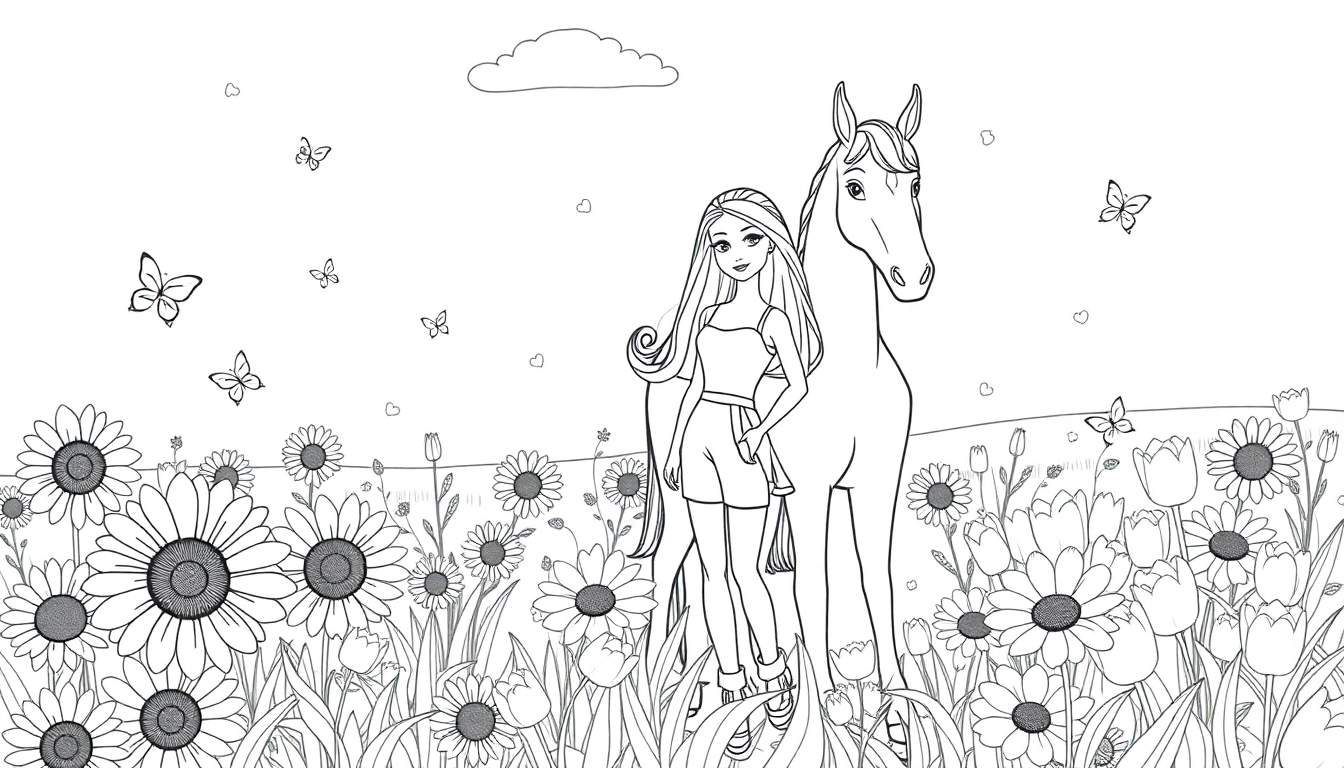 Página para colorear de una chica y un caballo en un campo de flores, listo para añadir color.