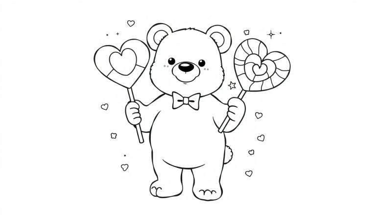 Página para colorear de San Valentín: Un osito de peluche dando un corazón gigante. Estilo lindo, blanco y negro, para niños. Placa de color.