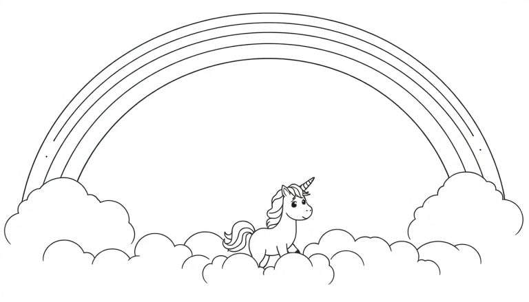 Página para colorear: unicornio feliz sobre nubes bajo un arcoíris de cinco bandas, con melena y cola rizadas.