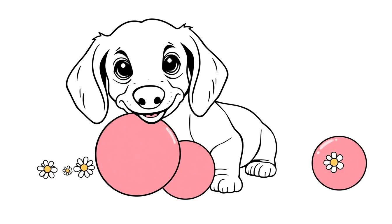 Página para colorear de un cachorrito salchicha blanco con una burbuja rosa.