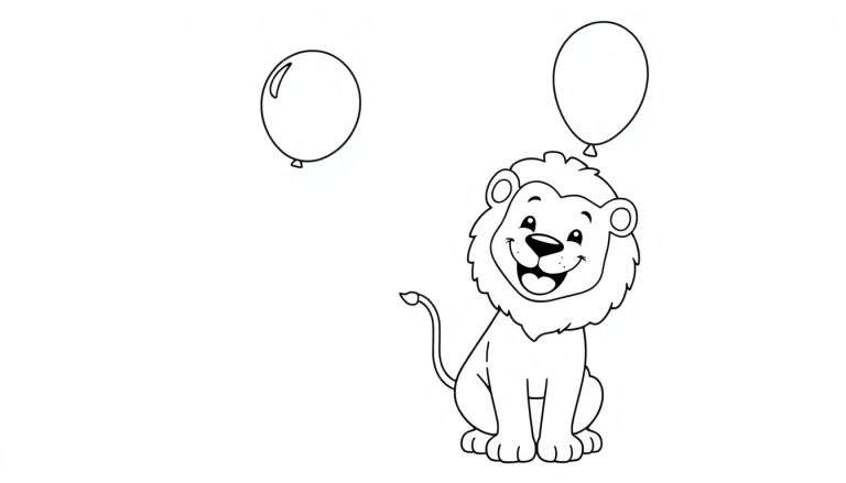 Página para colorear de un león de dibujos animados feliz con globos.