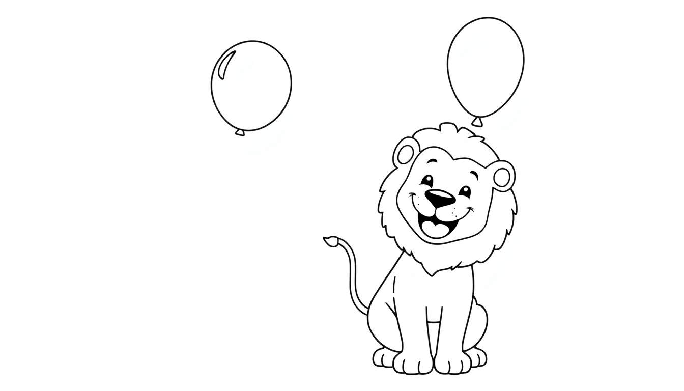 Página para colorear de un león de dibujos animados feliz con globos.