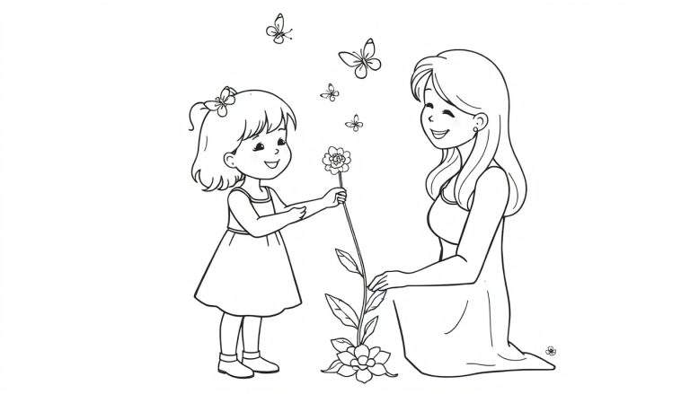 Una niña ofreciendo una flor a su mamá, con mariposas flotando, en una placa de color.