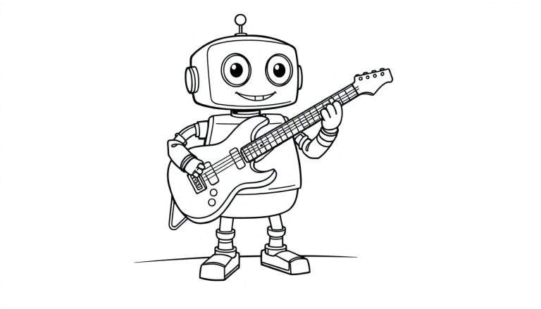 Un robot amigable toca un bajo de dibujos animados en blanco y negro, listo para ser coloreado.