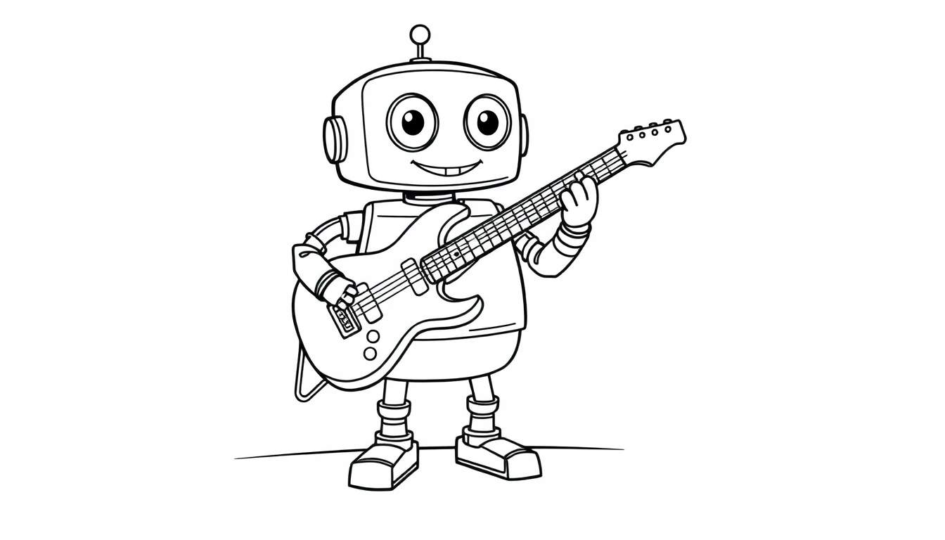 Un robot amigable toca un bajo de dibujos animados en blanco y negro, listo para ser coloreado.