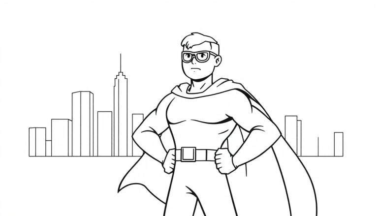 Superhéroe atlético con capa y gafas, de pie con las manos en las caderas frente a rascacielos, listo para ser coloreado. Placa de color.