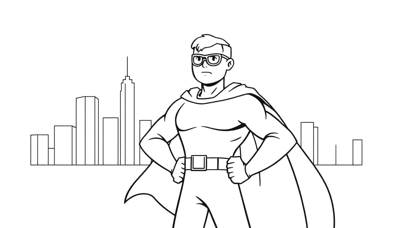 Superhéroe atlético con capa y gafas, de pie con las manos en las caderas frente a rascacielos, listo para ser coloreado. Placa de color.