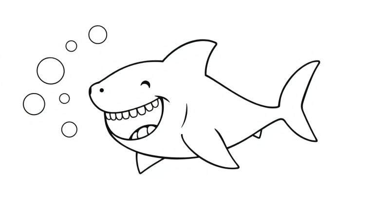 Un tiburón amigable de dibujos animados sonriendo, con burbujas, para colorear en placa de color.