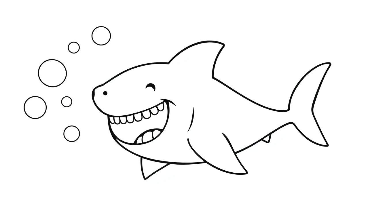 Un tiburón amigable de dibujos animados sonriendo, con burbujas, para colorear en placa de color.