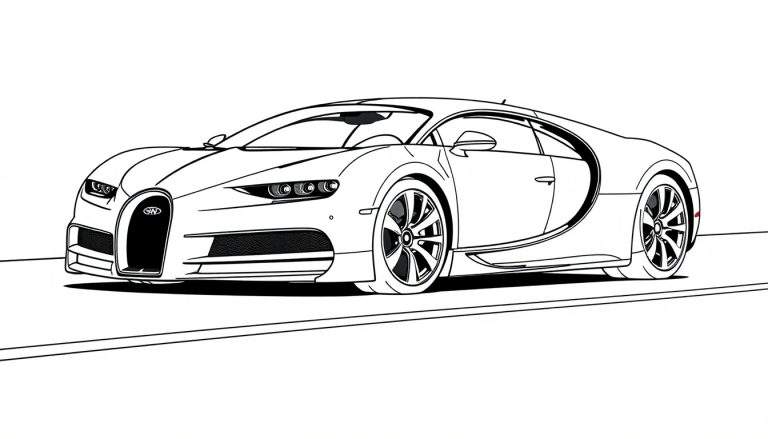 Un coche deportivo Bugatti Chiron negro y blanco para colorear, listo para añadirle una placa de color.