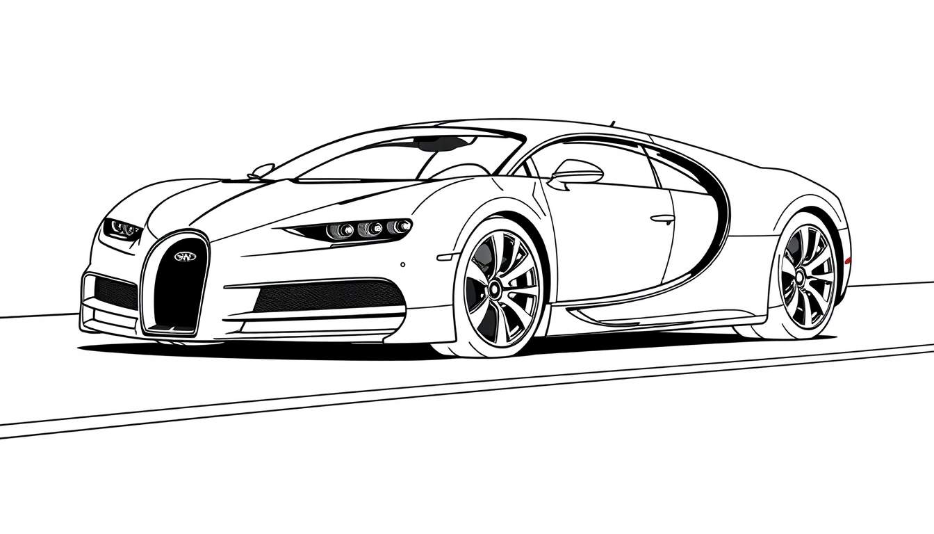 Un coche deportivo Bugatti Chiron negro y blanco para colorear, listo para añadirle una placa de color.